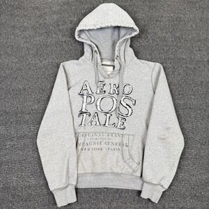 Vintage Aeropostale Hoodie Womens L Gray Crop Logo Distressed Embroidered Y2K
